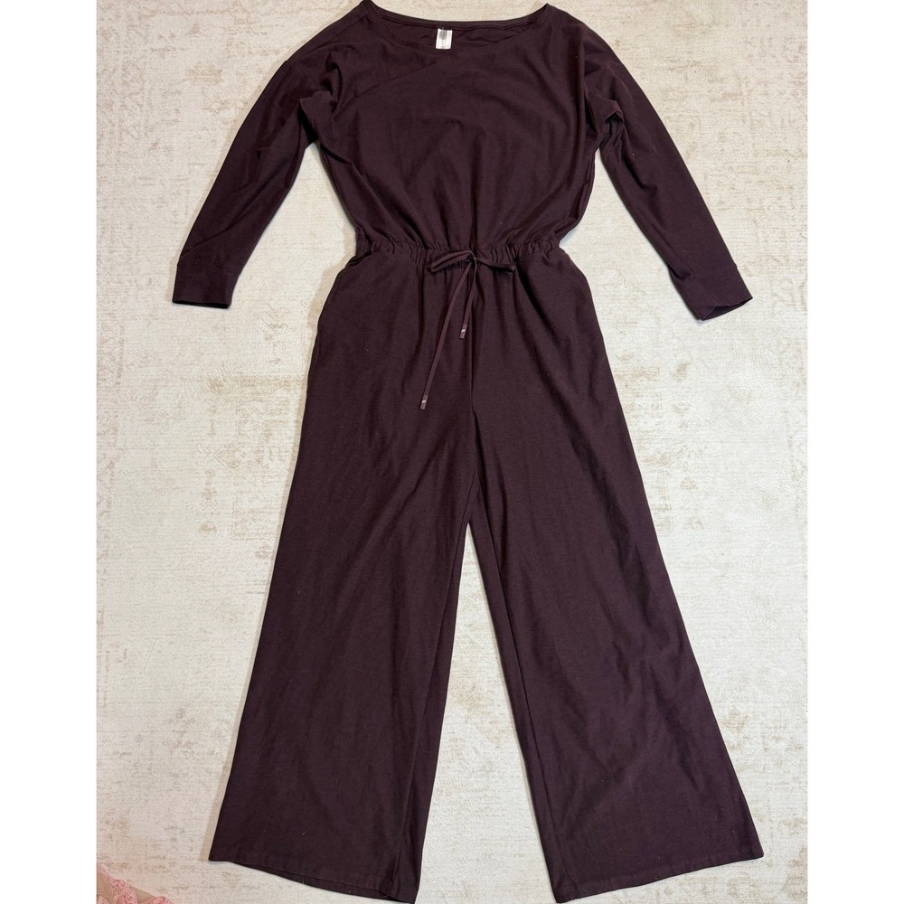 Fabletics Long Sleeve Drawstring Waist Wide Leg Jumpsuit Burgundy Plum M Short